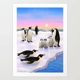 Penguins at Sunrise Art Print