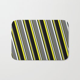 [ Thumbnail: Mint Cream, Dim Gray, Yellow, and Black Colored Stripes Pattern Bath Mat ]