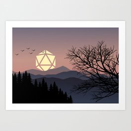 Sunset D20 Dice Sun Over Forest Tabletop RPG Landscapes Art Print | Cthulhu, Pathfinder, Starfinder, Criticalrole, Larp, D20, Dragons, Tabletop, Roleplaying, Dungeons 