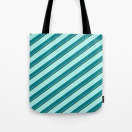[ Thumbnail: Turquoise, Teal, Cornflower Blue & Dark Green Colored Lined Pattern Tote Bag ]