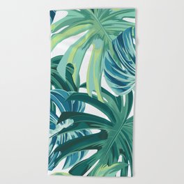 Tropical Monstera Palm Leaves on White Beach Towel