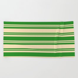[ Thumbnail: Forest Green and Tan Colored Lined Pattern Beach Towel ]