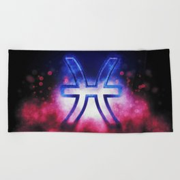 Pisces zodiac sign, night sky, Horoscope Astrology background, Pisces horoscope symbol, Pink and Blue Beach Towel