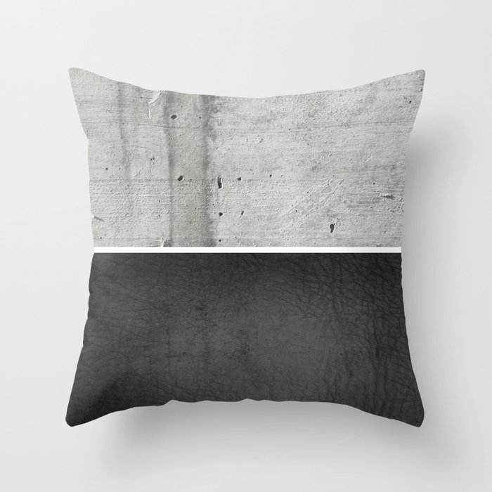 Raw Concrete and Black Leather Throw Pillow