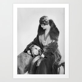 Lady and Her Dog, Black and White Vintage Art Art Print