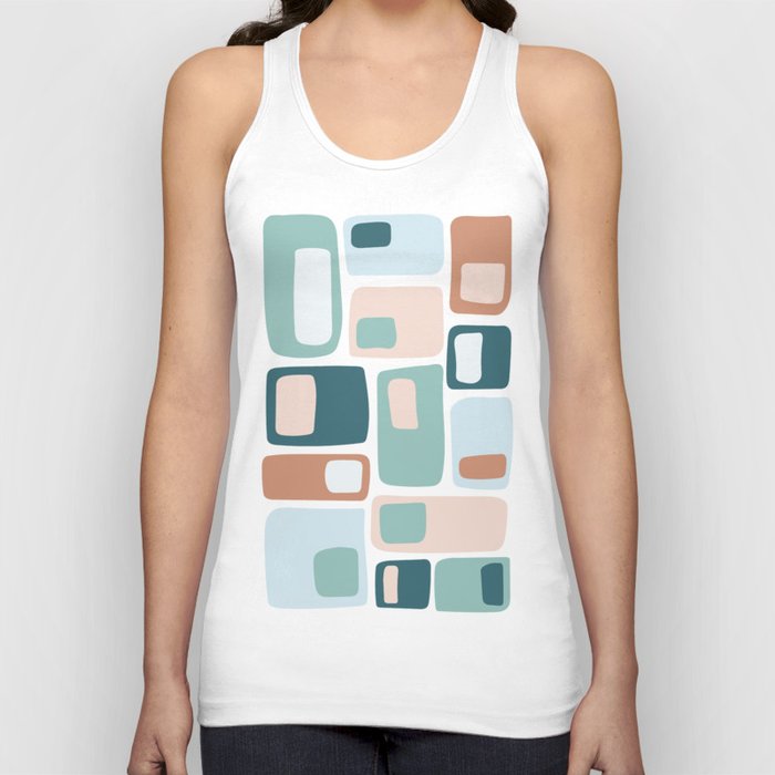Mid Century Funky Squares and in Teal, Light Blue, Peach and Salmon Tank Top