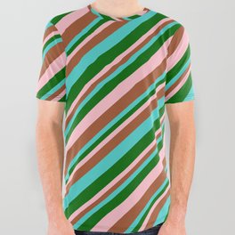[ Thumbnail: Turquoise, Dark Green, Pink, and Sienna Colored Lines Pattern All Over Graphic Tee ]