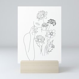 Minimal Line Art Woman with Flowers III Mini Art Print