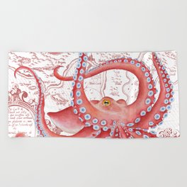 Red Octopus ancient Map White Beach Towel
