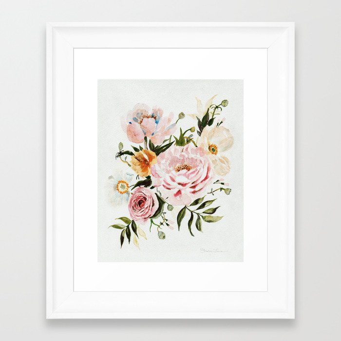 Loose Peonies & Poppies Floral Bouquet Framed Art Print