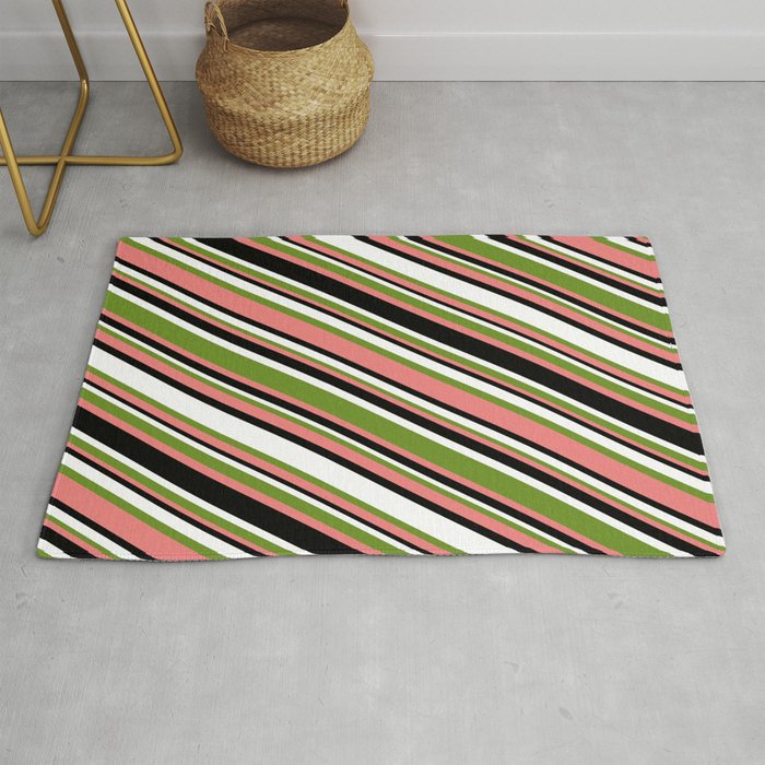 Green, Light Coral, Black & White Colored Lined/Striped Pattern Rug