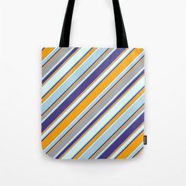 [ Thumbnail: Eyecatching Dark Slate Blue, Orange, Dark Gray, Light Cyan, and Light Blue Colored Stripes Pattern Tote Bag ]