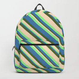 [ Thumbnail: Green, Blue, Dark Olive Green, and Bisque Colored Striped/Lined Pattern Backpack ]