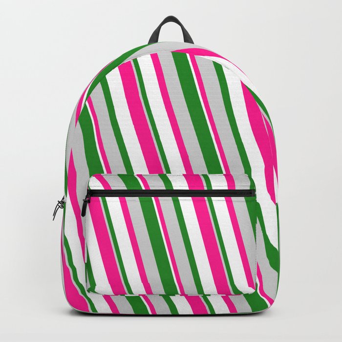 Forest Green, Light Grey, Deep Pink & White Colored Pattern of Stripes Backpack