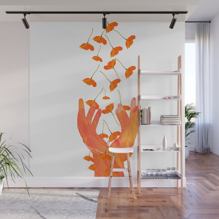 Wonderful Poppy Flowers Orange Coral Color White Background Wall