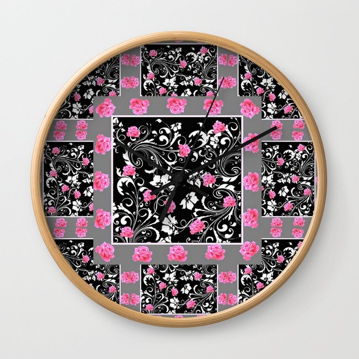 PINK GREY-BLACK ROSE SCROLLS GARDEN ART Wall Clock