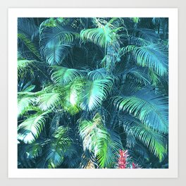 Lush Azure-Blue Jungle Green Tropical Palm Leaves Art Print