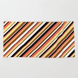 [ Thumbnail: Eyecatching Red, Tan, Brown, White & Black Colored Lined Pattern Beach Towel ]