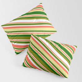 [ Thumbnail: Eyecatching Green, White, Red, Tan & Dark Green Colored Striped/Lined Pattern Pillow Sham ]
