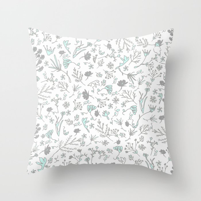 Botanical-Pattern, set, grey, 2, pale-blue, botanic, nature, botanical, floral, flowers, floral-pattern, leaves, plants, minimalist, garden, jungle, leaf, exotic, tropical, flower, boho, cacti, succulent, digital, graphic-design, pattern,  Throw Pillow