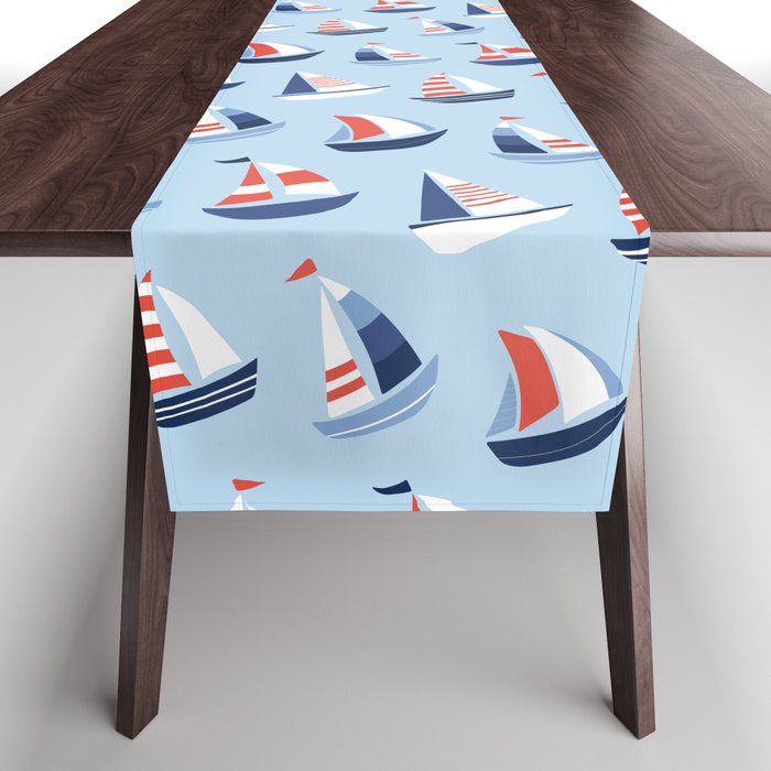 Sailboats in the distance - Blue and Orange Table Runner