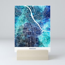 Warsaw Poland Map Navy Blue Turquoise Watercolor City Map Mini Art Print