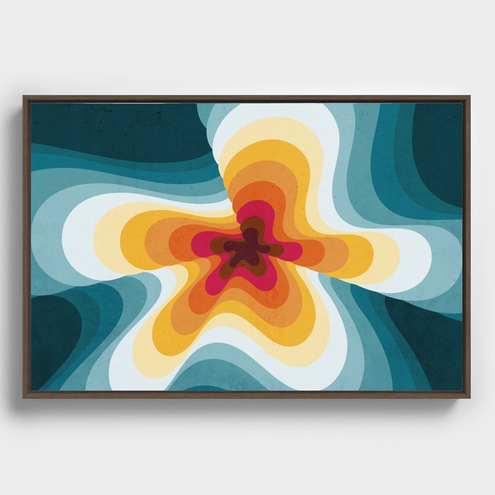Vintage and Retro Color Palette Mid-Century to 70s and 80s Minimalist Abstract Art With Blue and Orange Framed Canvas