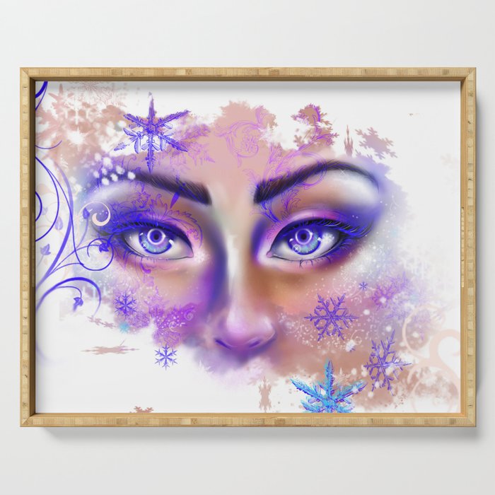 snow beautiful winter snowflakes eyes girl Serving Tray