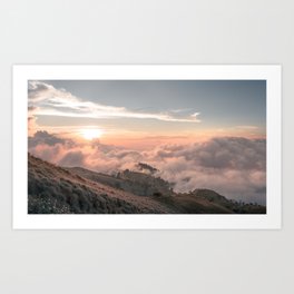 Sunrise above the clouds | Indonesian mountain landscape Art Print | Digital, Lombokisland, Color, Warmcolours, Warmtones, Mountainlandscape, Mountrinjani, Sunrise, Indonesialandscape, Sunriselandscape 