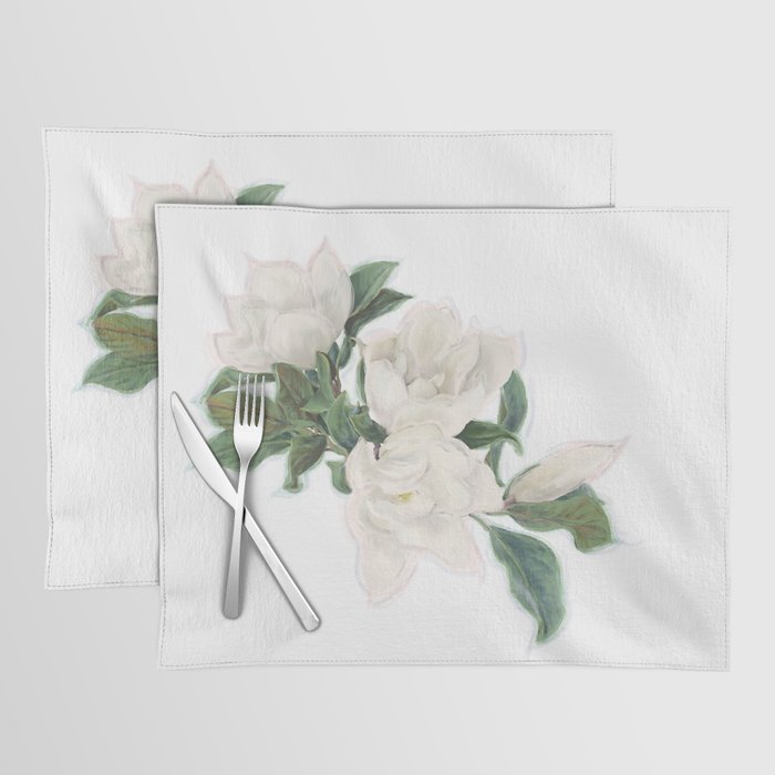 Magnolia Flowers on White Background. Watercolor Image. Placemat