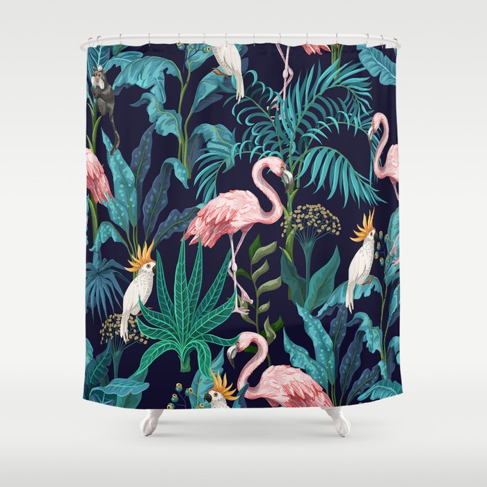 Seamless pattern with jungle trees flamingo and parrots Shower Curtain