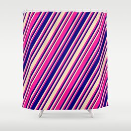 [ Thumbnail: Deep Pink, Blue, and Tan Colored Stripes/Lines Pattern Shower Curtain ]