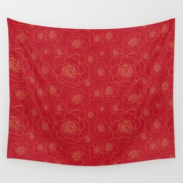 Golden Roses on Red Wall Tapestry