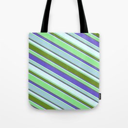 [ Thumbnail: Colorful Light Blue, Green, Slate Blue, Light Cyan & Light Green Colored Stripes Pattern Tote Bag ]
