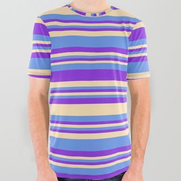 [ Thumbnail: Purple, Beige, and Cornflower Blue Colored Striped/Lined Pattern All Over Graphic Tee ]