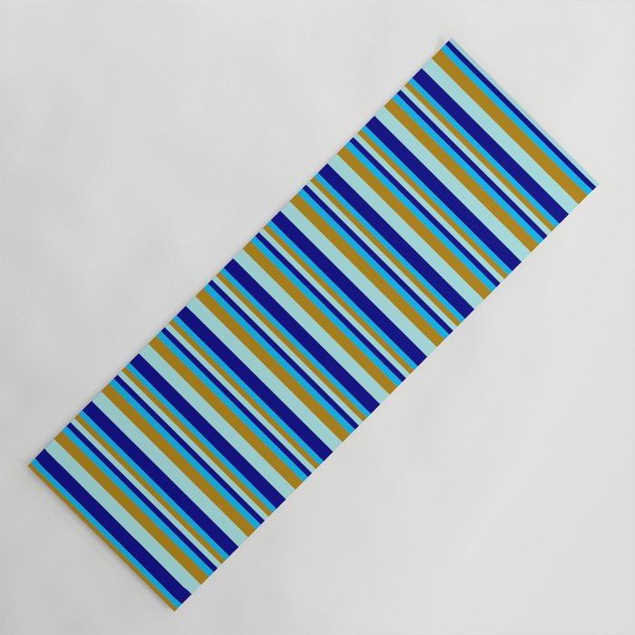 Deep Sky Blue, Dark Goldenrod, Turquoise & Dark Blue Colored Striped/Lined Pattern Yoga Mat