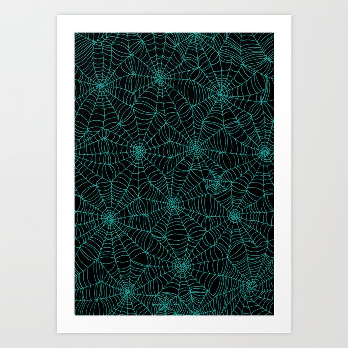 Spiderwebs - Turquoise on black Art Print