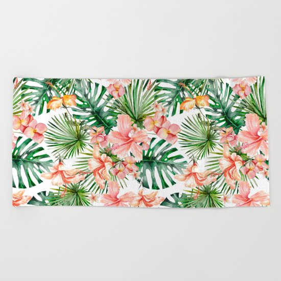 Tropical Jungle Hibiscus Flowers - Floral on #Society6 Beach Towel