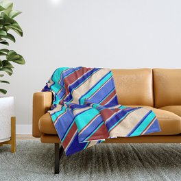 [ Thumbnail: Eye-catching Brown, Bisque, Royal Blue, Dark Blue & Cyan Colored Lined/Striped Pattern Throw Blanket ]