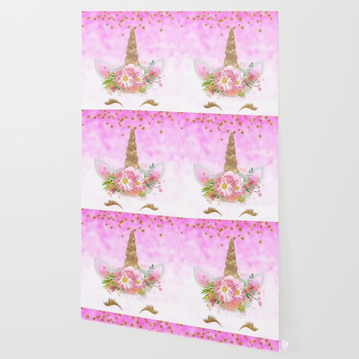 Pink Unicorn And Gold Stars Wallpaper By Graphicallusions Society6