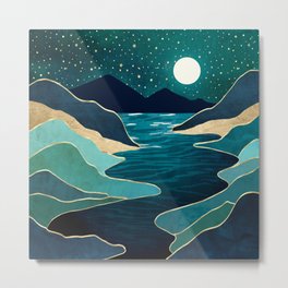 Moon Water Vista Metal Print | Gold, Contemporary, Vista, Ocean, Sea, Nature, Graphicdesign, Mountains, Landscape, Lake 