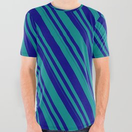 [ Thumbnail: Blue & Dark Cyan Colored Lines Pattern All Over Graphic Tee ]