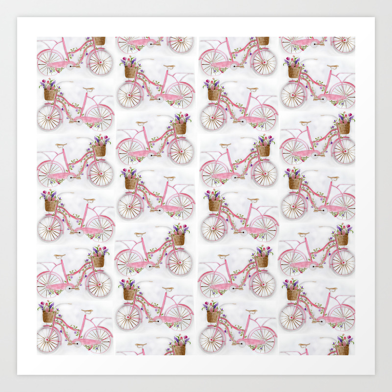 Pretty Watercolor Hand Paint Vintage Bicycle Pattern Art Print By
