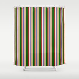 [ Thumbnail: Colorful Slate Blue, Beige, Brown, Dark Green, and Tan Colored Lines Pattern Shower Curtain ]