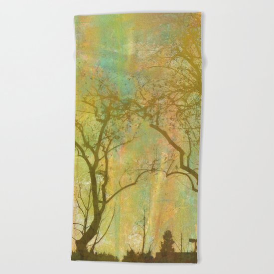 Golden Tree Silhouette, Rainbow Color Background Beach Towel