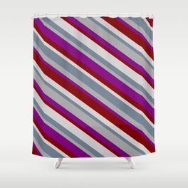 [ Thumbnail: Vibrant Dark Grey, Purple, Maroon, Light Gray, and Slate Gray Colored Lines Pattern Shower Curtain ]