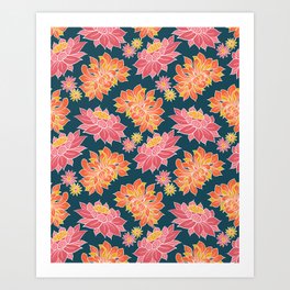 Pink, orange and teal lotus chintz Art Print