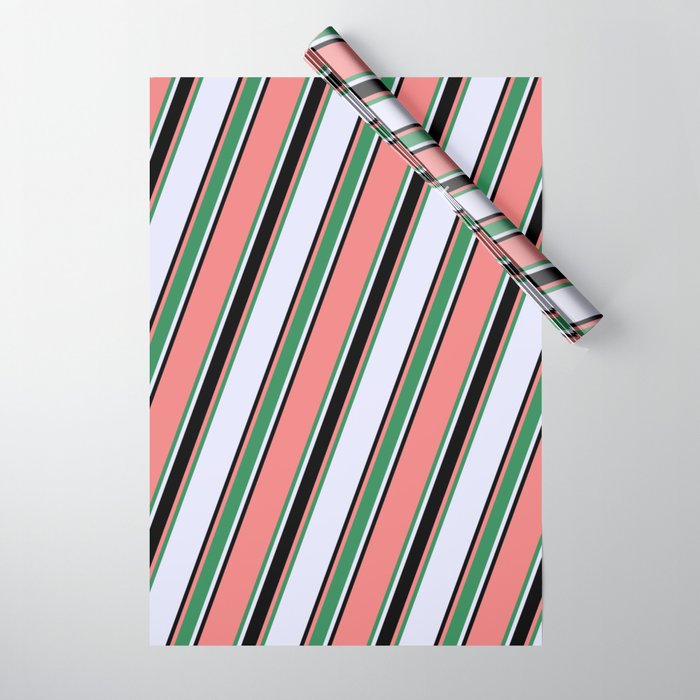 Light Coral, Sea Green, Lavender & Black Colored Lined Pattern Wrapping Paper