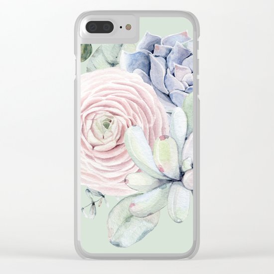 Mint Green + Pink Delight Succulents Clear iPhone Case