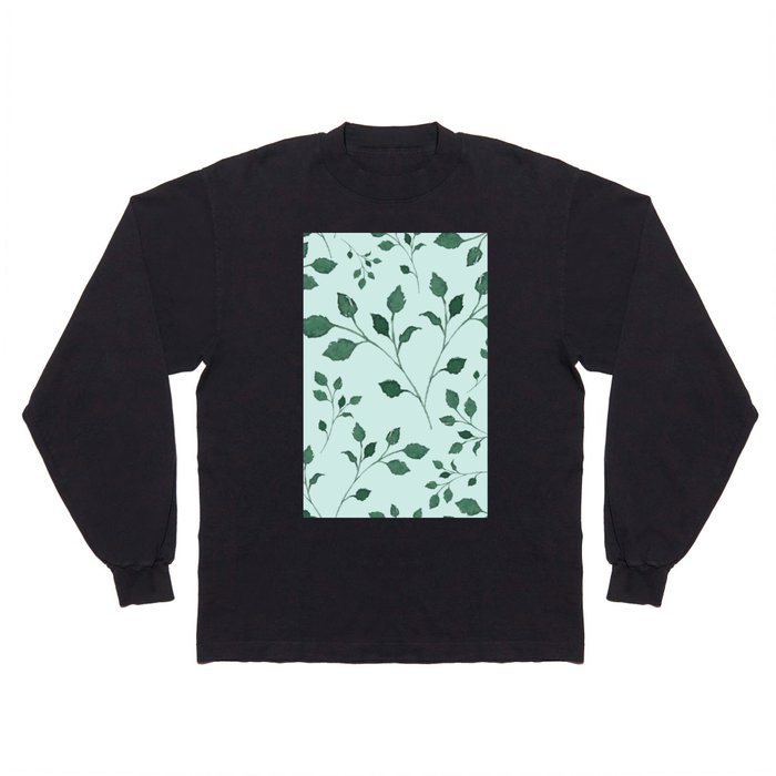 Light Cyan Soft Mint Green Leaves Greenery Pattern Modern Décor Long Sleeve T Shirt